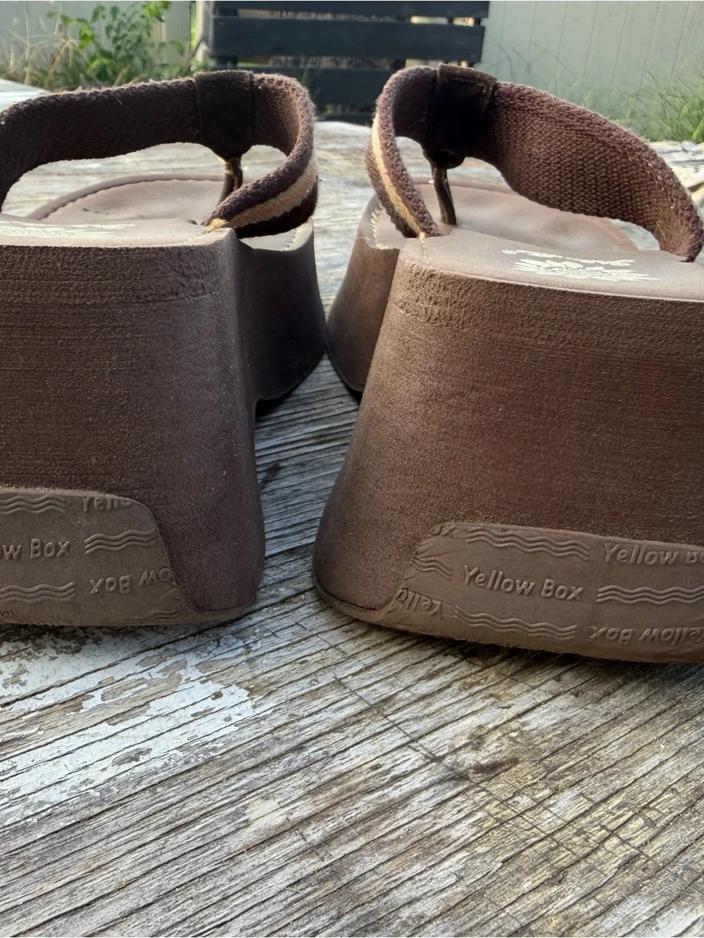 Yellow Box Brown Platform Flip Flop Sandals with Cream and Tan Stripes